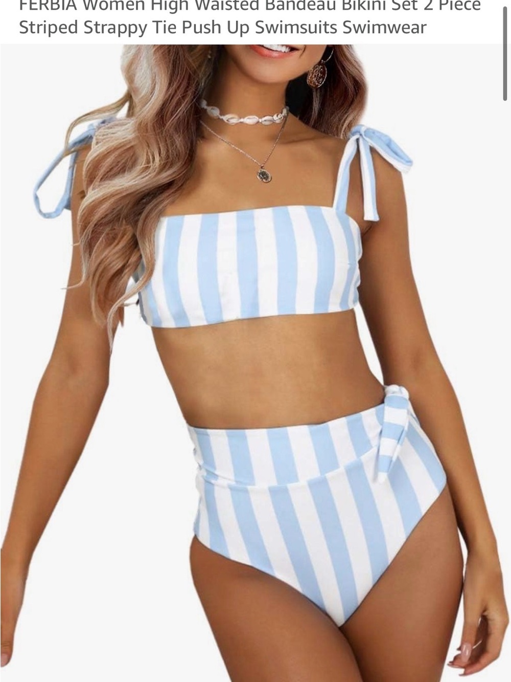 Amazon Light Blue & White Striped High-Waist Tie Bikini